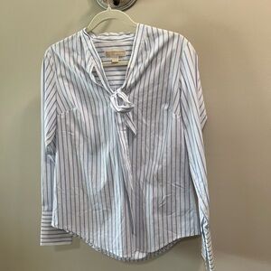 Michael Kors White and Light Blue Striped Tie-Neck Button Down Blouse